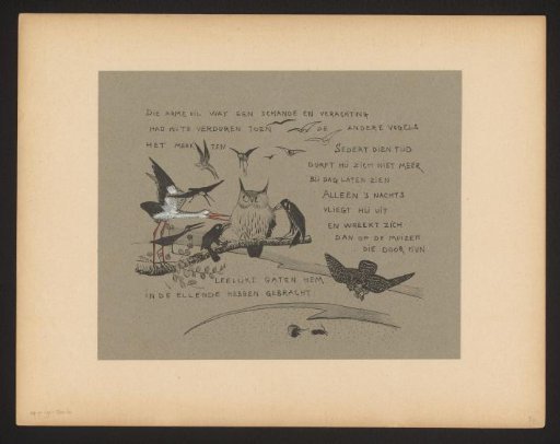 Text plate with birds reprimanding the owl