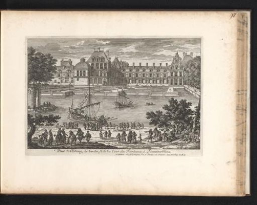 View of the Château de Fontainebleau with garden and pond