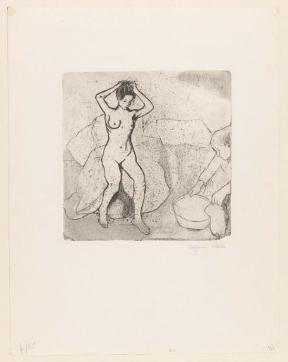 Naked woman raising her hair takes a bath