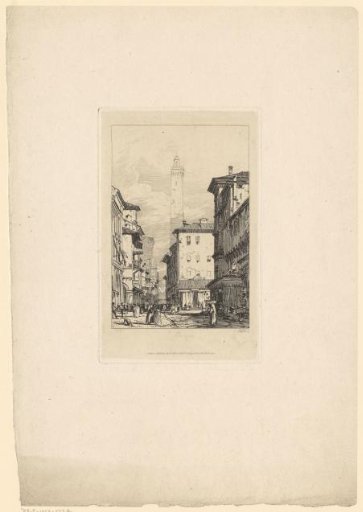 View of a street in Bologna with the Torre degli Asinelli