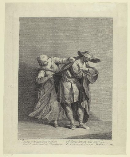 Harlequin hiding a book from a young woman