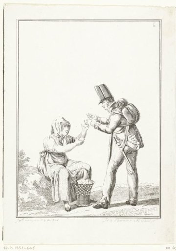 Standing soldier with a seated egg seller