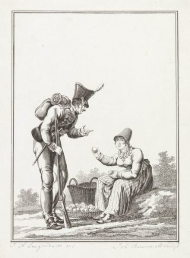 Standing soldier beside a seated apple seller