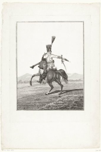 Hussar on horseback, charging, with a pistol in his hand