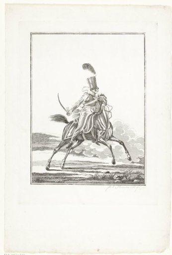 Hussar on horseback, charging, with a sabre in his hand