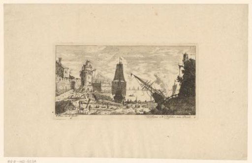 Italian harbour with a ship lying on its side