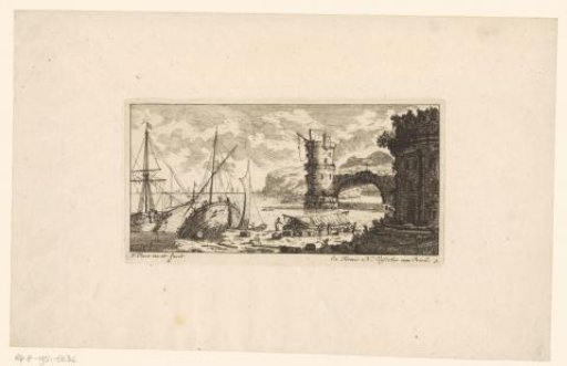 Harbour view with a bridge to a tower and work on a ship