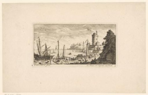 Harbour view with a shipyard and statue on a pillar