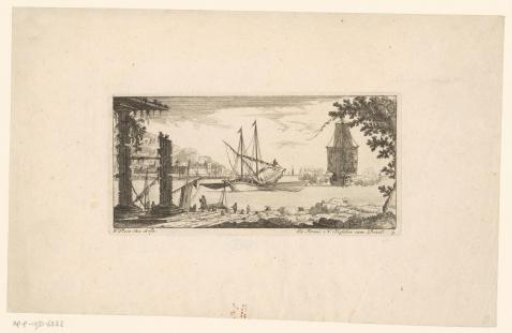 Italian harbour with two ships and two ruined pillars