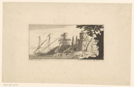 Harbour view with a moored ship, city wall and two towers