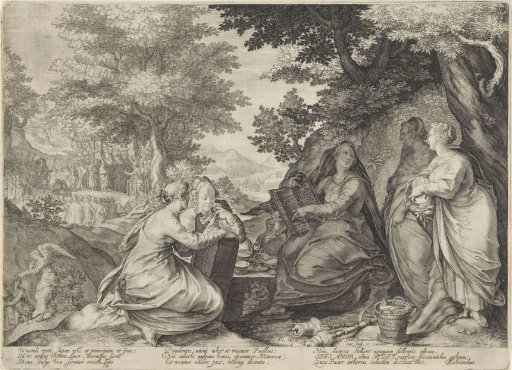 Five Wise Virgins in a landscape with the preaching by John the Baptist