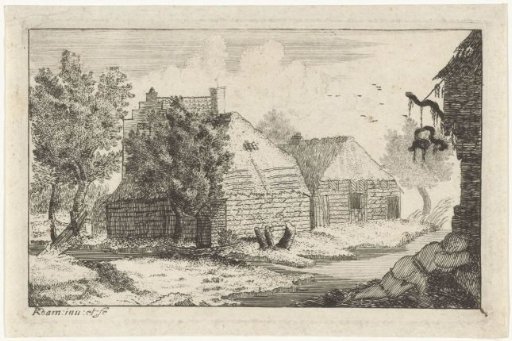 Two farmhouses with a sleeping man