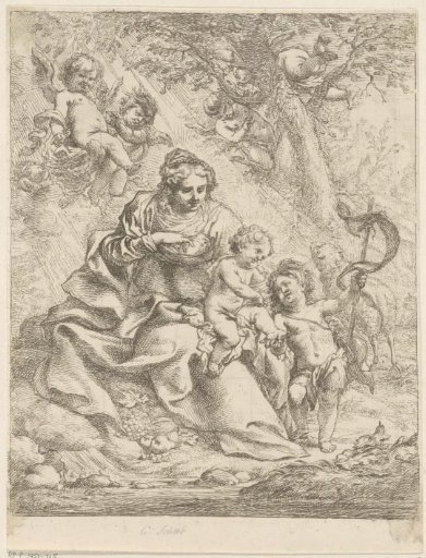 Madonna seated in a landscape with the Christ Child on her lap and before her the young John the Baptist