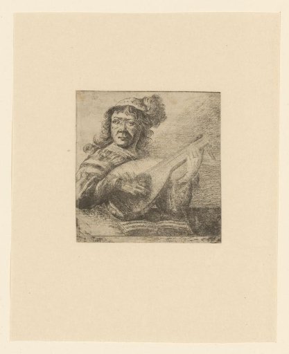 Lute player sitting at a table with a music book