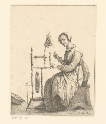 Seated woman at spinning wheel