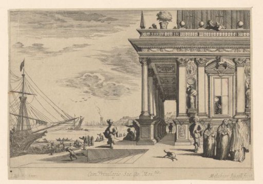 Classical Building with Colonnade and Staircase at a Pier
