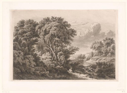 River landscape with a fountain and a resting figure