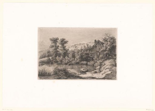 Landscape with a rustic house on a lake