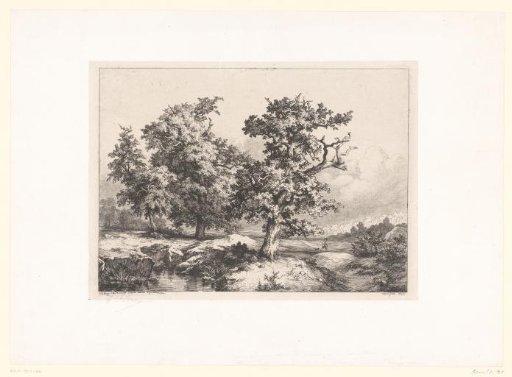 Landscape with oaks, a walker and a dog