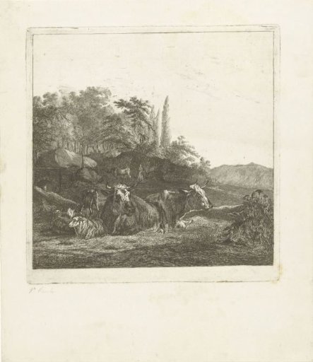 Two cows and three lying sheep by a bridge