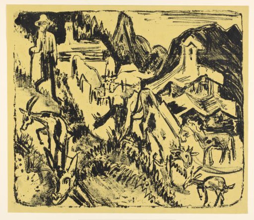 Goatherd with his flock in the mountains