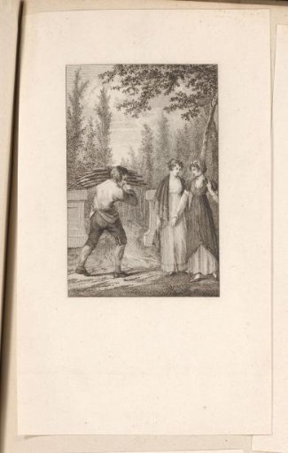 Two Young Women and a Man with a Bundle of Twigs on His Back