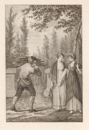 Two Young Women and a Man with a Bundle of Twigs on His Back