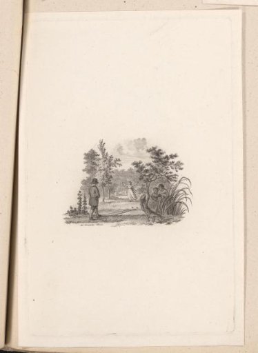 Landscape in which a man is greeted by a young woman