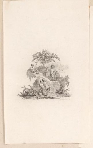 Three putti with attributes in a mountain landscape