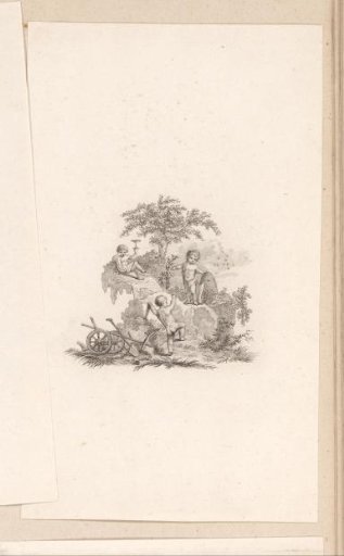 Three putti with attributes in a mountain landscape