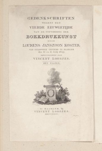 Burning altar with one of the first printed books and two coats of arms