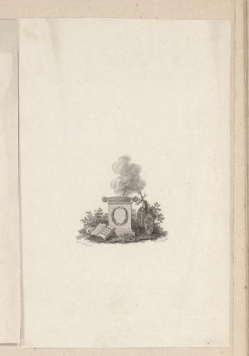 Burning altar with one of the first printed books and two coats of arms