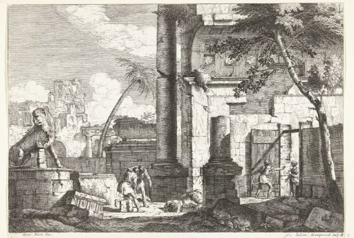Ancient ruins with grave robbers and a palm tree