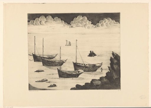 Four moored ships on a Breton beach