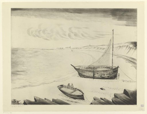 Three moored ships on a beach