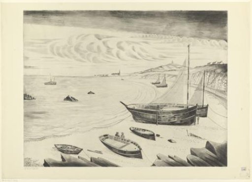 Eight moored ships on a beach