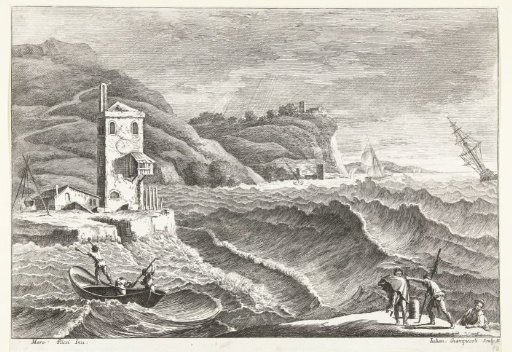 Coastal landscape with a storm at sea and a lighthouse