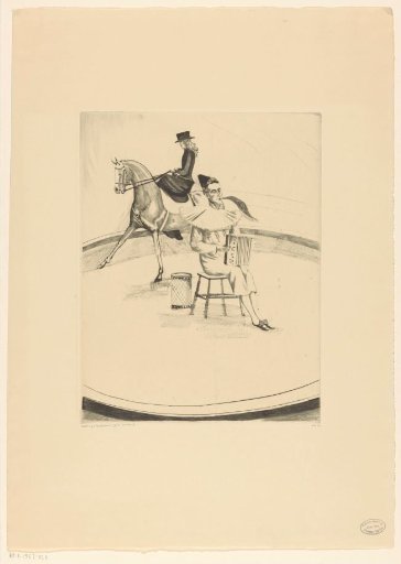 Clown with accordion and rider on a dressage horse