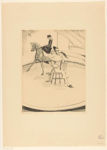 Clown with accordion and rider on a dressage horse