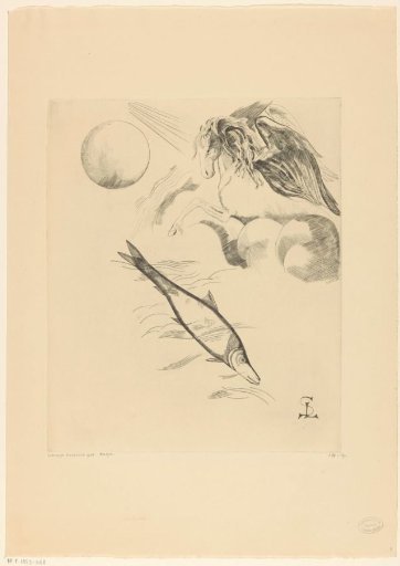 Celestial body, winged horse and fish