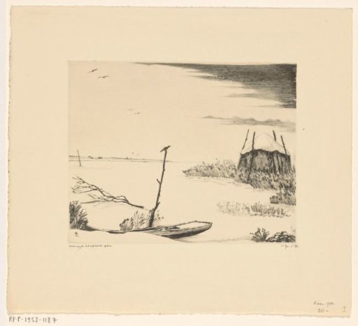 Winter Landscape with Boat, Hay Barn and Birds