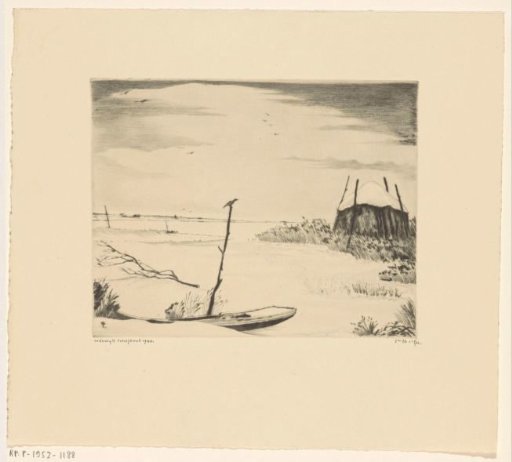 Winter Landscape with Boat, Hay Barn and Birds
