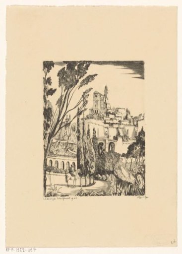 Rider on Horseback near a Town on a Hill
