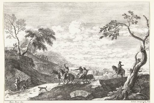 Hilly landscape with two men in a carriage