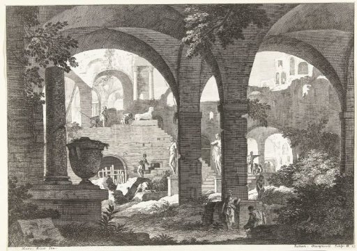 View through vaults to ruins and statues with some figures