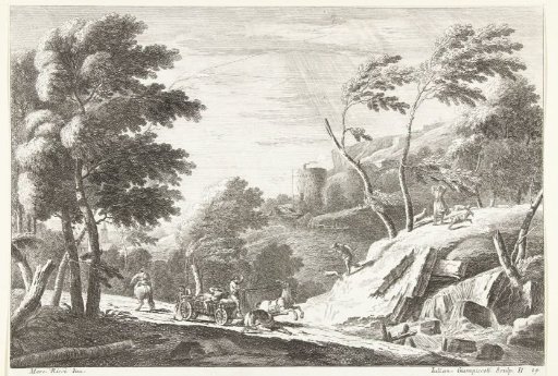 Landscape with a thunderstorm and startled animals near a small waterfall