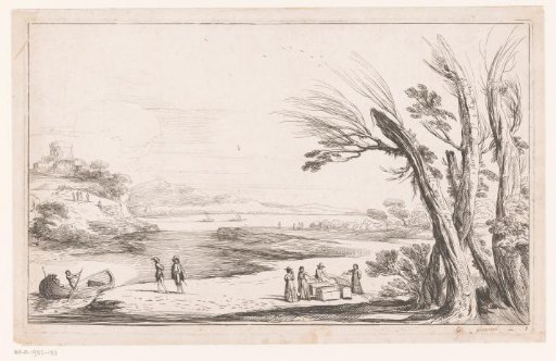 Travelers with baggage at a river