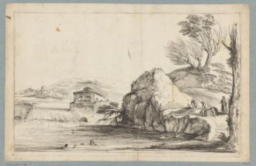 Landscape with swimmers at a small waterfall