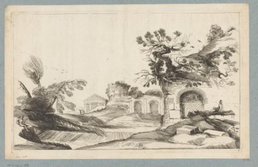 Landscape with a waterfall and ruins