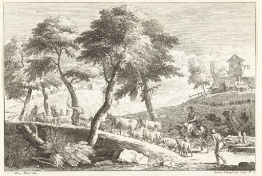 Hilly landscape with shepherds and cattle